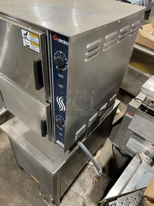 Groen HyPer-Steam HY6E commercial steamer, stainless steel, double compartment, 6-pan capacity, individual controls, model HY-6E.