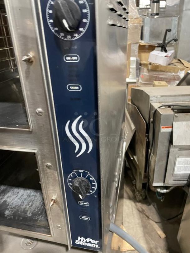 Groen HyPer-Steam Series electric double compartment 6-pan convection steamer, Model HY-6E, with individual controls and built-in pan racks.