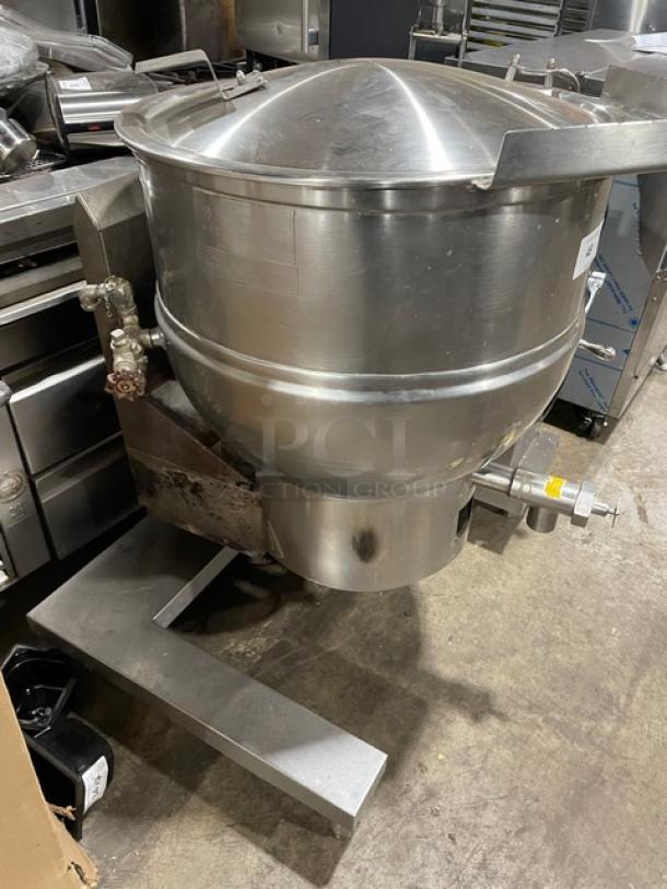 Groen 40 Gal. Stainless Steel Tilting Steam Kettle, Model DHT/1-40, Natural Gas, 120V 1 Phase, on Legs, Serial 64233.