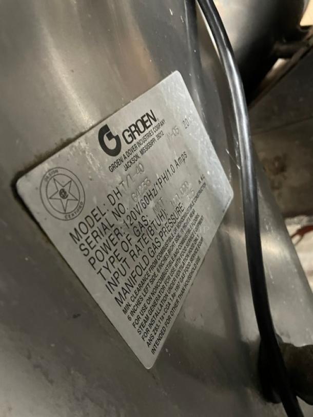 Groen DHT140 stainless steel 40-gallon tilting steam kettle, natural gas, 120V, on legs, serial 64233.
