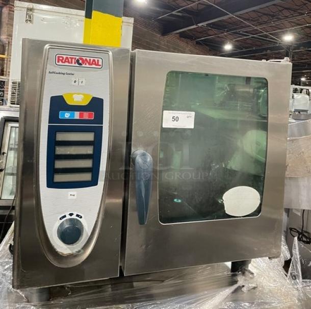 Rational SelfCooking Center commercial stainless steel combi oven with built-in pan slide, control panel, on legs, good condition.