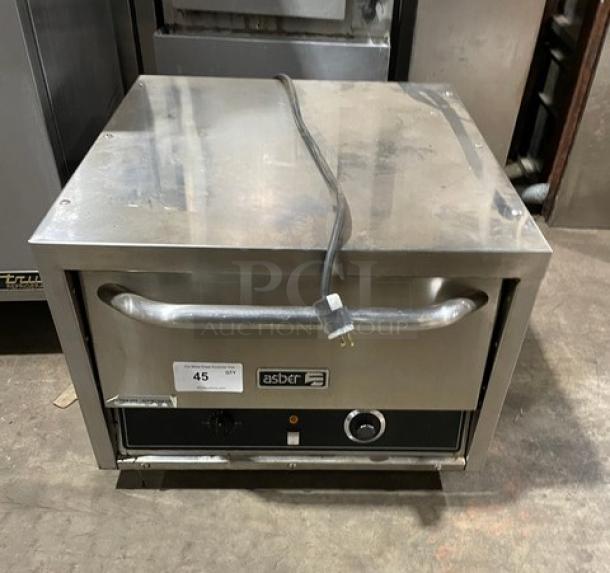 Asber AEPO Series stainless steel electric countertop pizza deck oven, 220-240V, with handle and control knob, on legs.