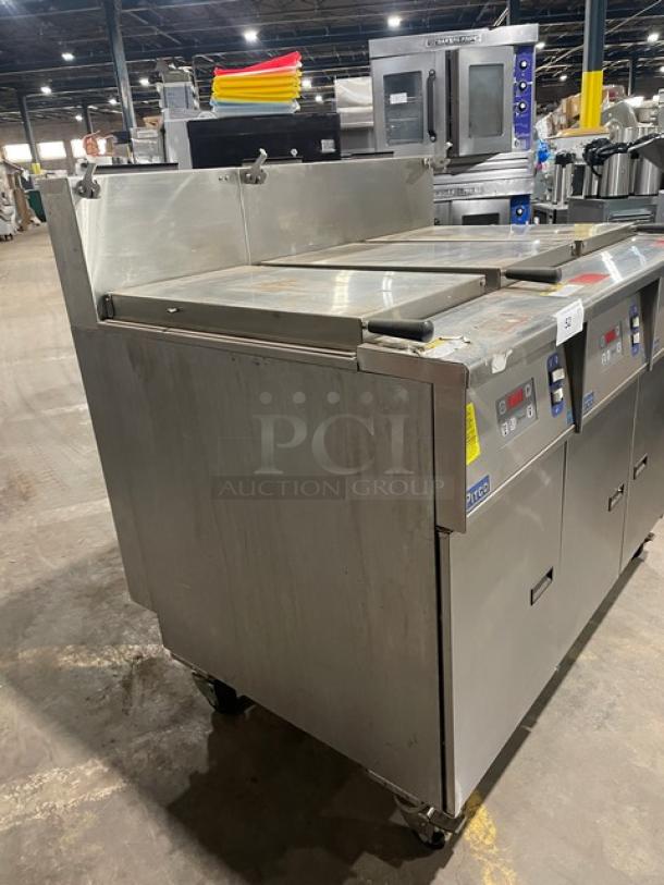 Pitco SRTG 3-bay pasta cooker, stainless steel, natural gas, 17.5 gal capacity, with backsplash, on casters, model SRTG SN: G16AD007609.