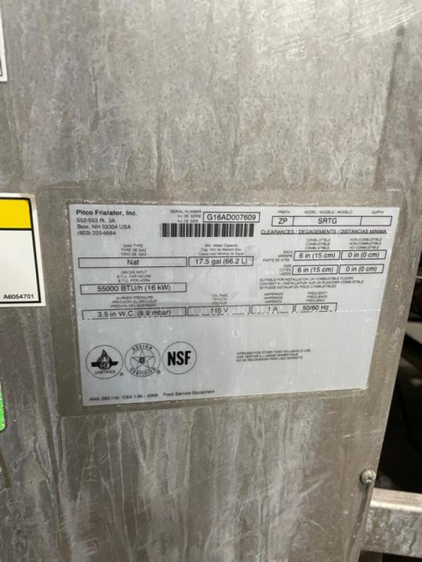 Pitco stainless steel natural gas 17.5 gal 3-bay pasta cooker, Model SRTG, SN G16AD007609, on casters with back splash.