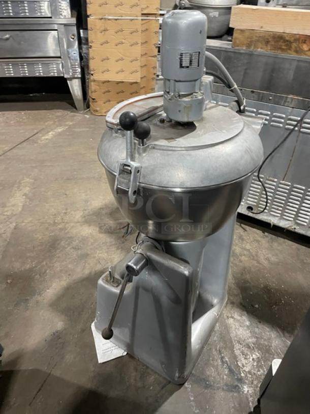 Hobart VCM40 commercial 40 Qt mixer with stainless steel tilting bowl and lid, heavy-duty, electric, in used condition.