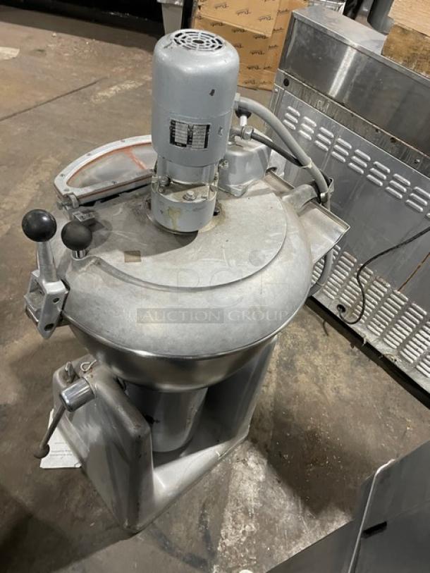 Hobart VCM40 commercial electric mixer with 40 Qt. stainless steel tilting bowl and lid. Heavy-duty, used condition.