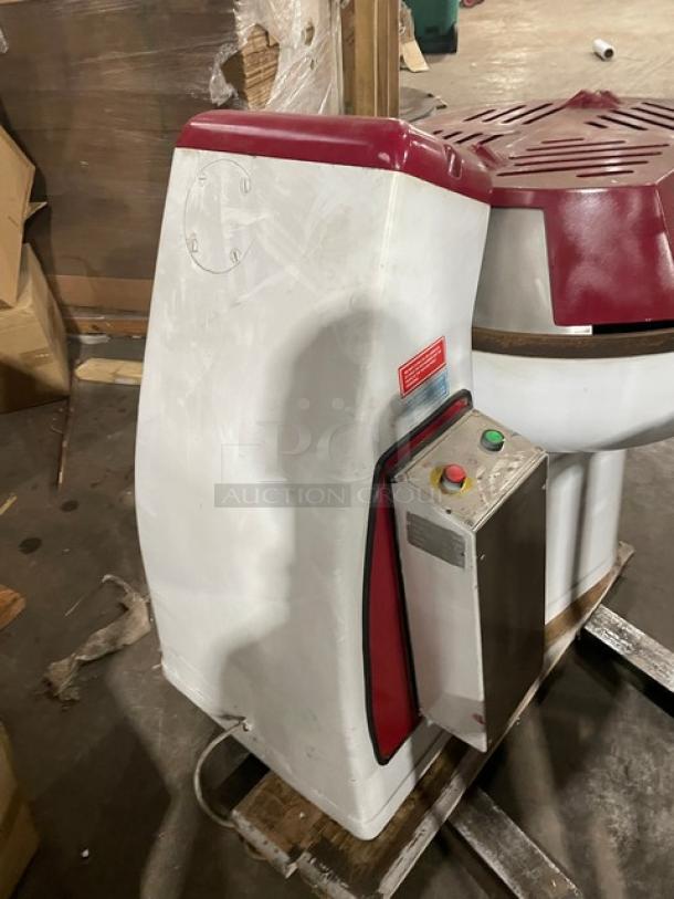 Sottoriva F080 Commercial Fork Mixer, electric-powered, heavy-duty, with motorized mixing bowl, white with red details. Model: F0/80 SN: 22217.