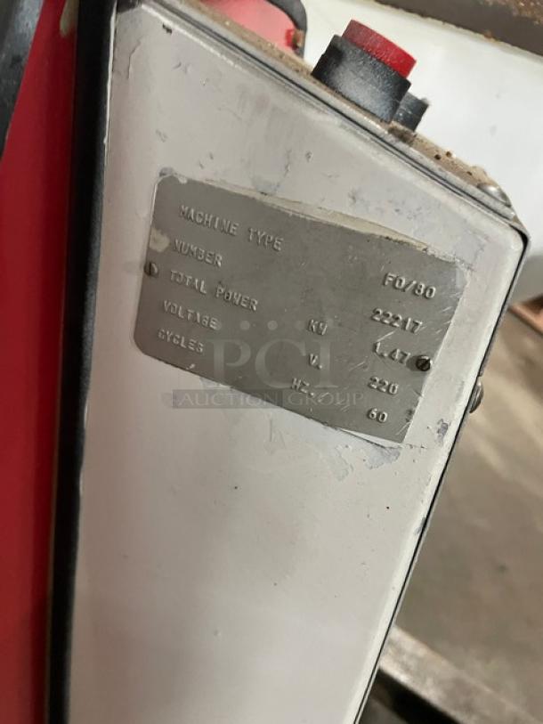 Sottoriva F0/80 Heavy-Duty Fork Mixer with motorized bowl, 220V, SN 22217. Metal label shows specs: 4.7 kW, 60 Hz.