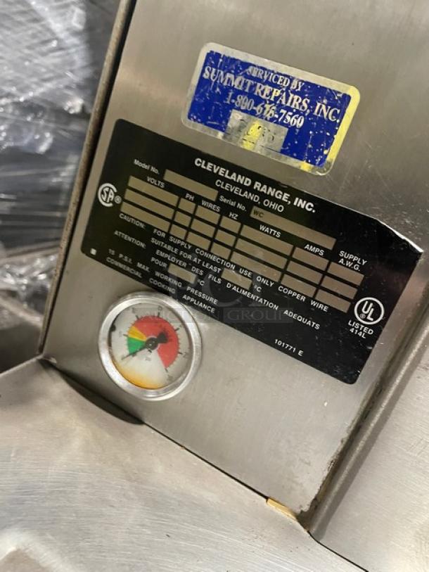 Cleveland Range stainless steel natural gas 2-compartment pressure steamer; individual controls, built-in pan slides, cabinet base.