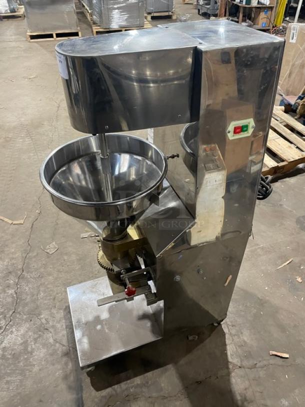 Commercial stainless steel electric meatball forming machine, 220V 3-phase, large bowl, operational controls, used condition.