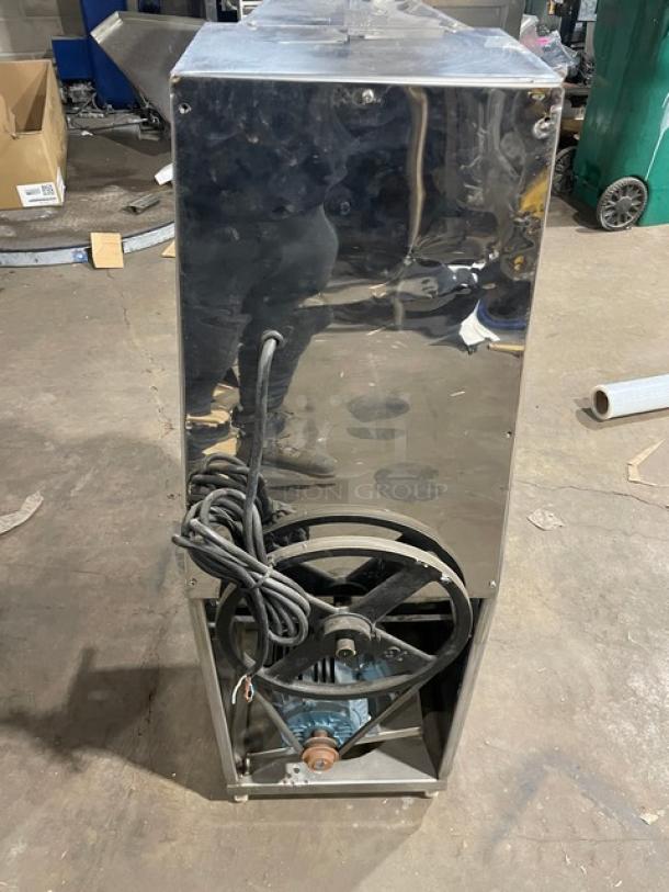 Commercial stainless steel meatball forming machine, electric-powered, heavy-duty, 220V 3-phase. Reflective exterior.