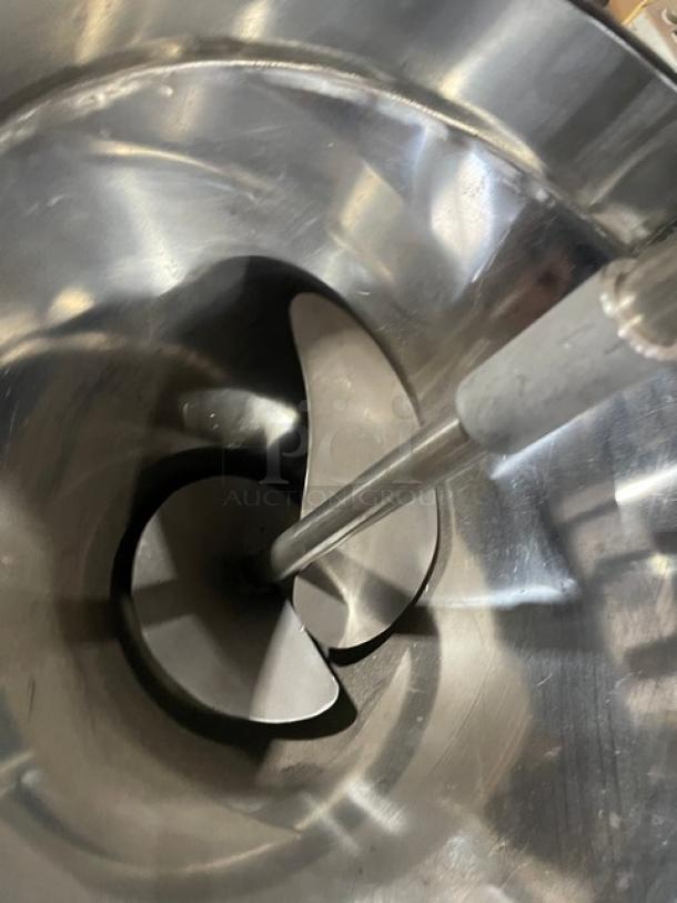 Commercial stainless steel meatball forming machine, electric-powered, heavy-duty, 220V 3 phase, interior view.