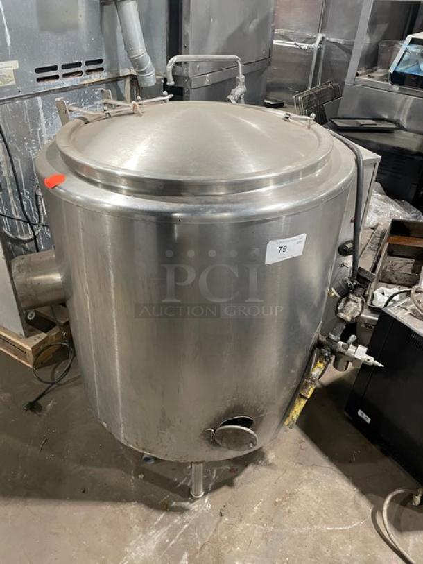 Groen 40 Gal. stainless steel steam kettle, model AH/1-40, natural gas, swing spout faucet, on legs, used condition.