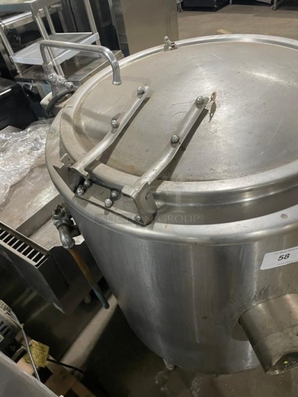 Groen stainless steel steam kettle, model AH140, 40 gal, natural gas, swing spout faucet, 115V 1 phase, on legs, SN: 137002.