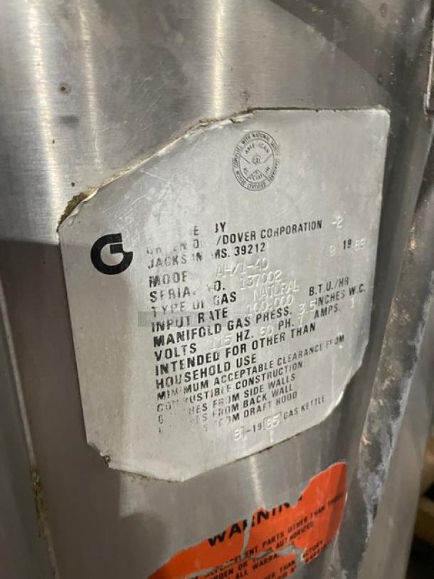 Groen AH140 40-gal. steam jacketed kettle, stainless steel, natural gas, swing spout, serial 137002, on legs.