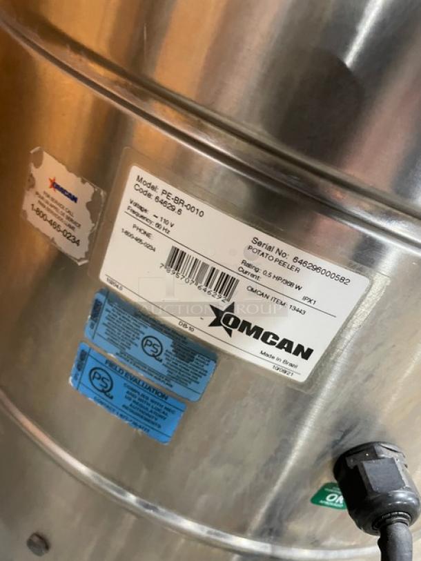 Omcan Elite Series 22 lb. potato peeler, model PE-BR-0010, stainless steel, electric, 110V, SN 646296000582, heavy-duty.