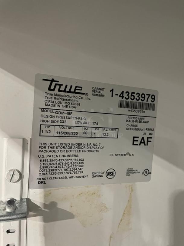 True Commercial Reach-In Merchandiser Freezer, Model GDM-49F, Serial 1-4353979, double glass doors, poly-coated racks, 115/208/230V.