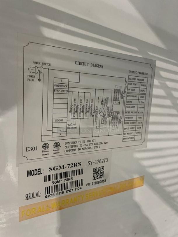 Label on Spartan SGM-72RS commercial refrigerator showing model, serial number 6273311817071104, and circuit diagram.