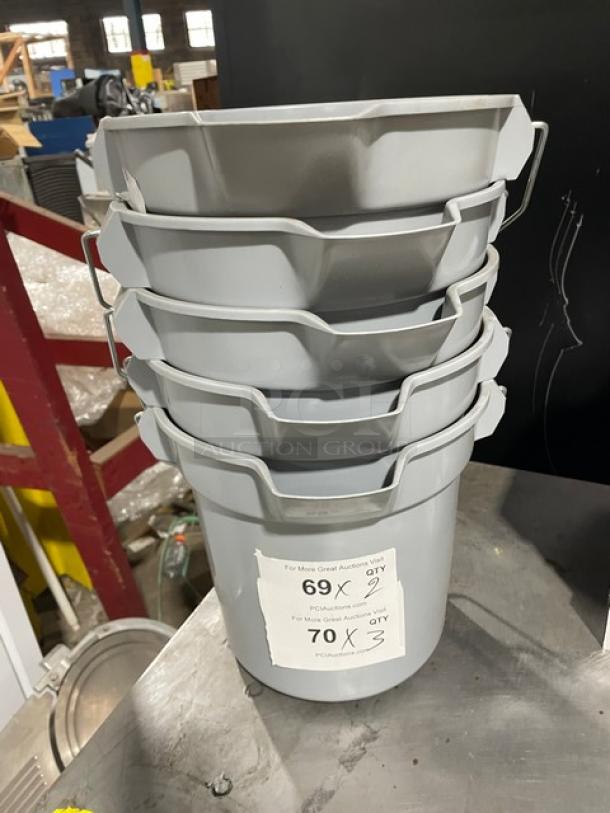 Rubbermaid BRUTE Series commercial gray sanitizer mop buckets, model 1946206, 10 Qt/2 Gal, new, stack of five.