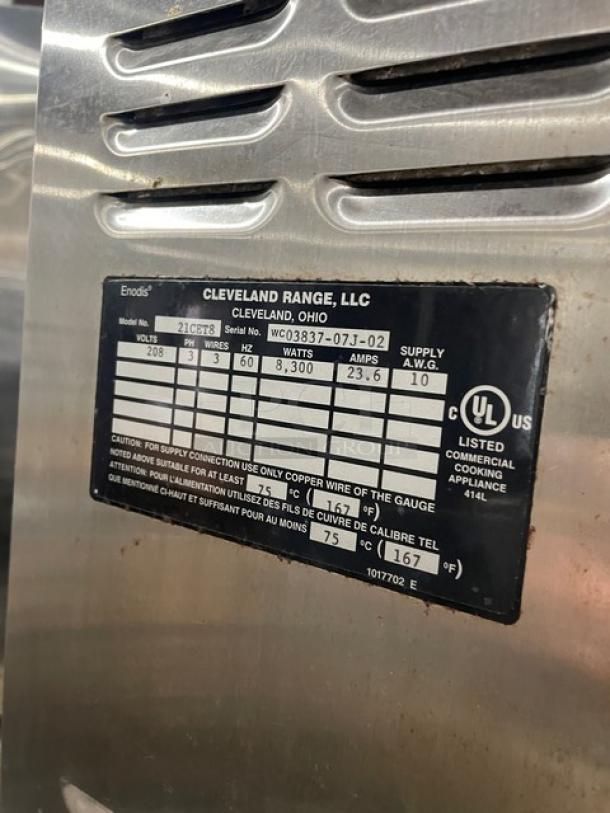Cleveland Range Steam Craft Series 3-Pan Convection Steamer, Model 21CET8, stainless steel, 208V 3-phase, on legs, SN: WC03837-07J-02.
