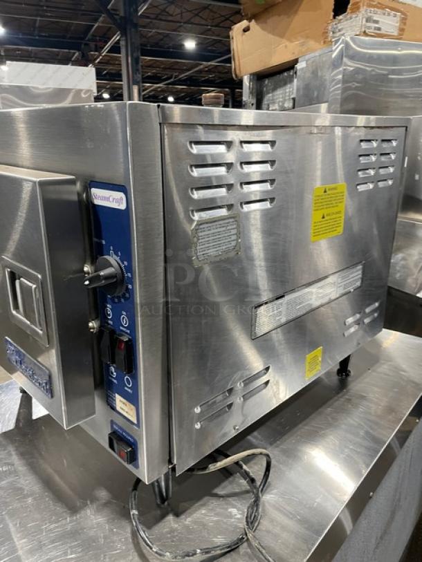 Cleveland Range 21CET8 SteamCraft 3-Pan Convection Steamer, stainless steel, electric, 208V 3-phase, with pan rack, on legs.