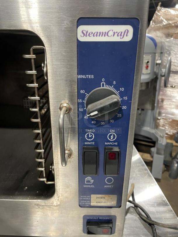 Cleveland Range SteamCraft 21CET8 countertop steamer; stainless steel; electric; control panel with timer and switches shown.