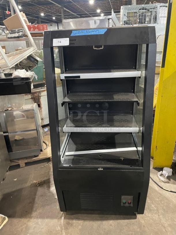 Avantco black refrigerated display case, model 189BMAC26HC, with pull-down night curtain, SN: ATRAPEX20201228A3, on casters.