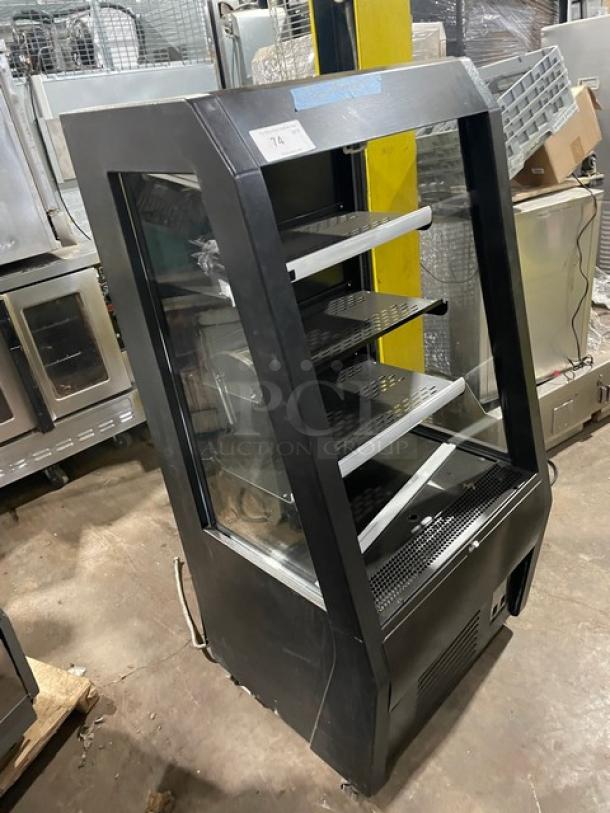 Avantco refrigerated display case, model 189BMAC26HC, black, multi-tier, glass-sided, with pull-down curtain, on casters.