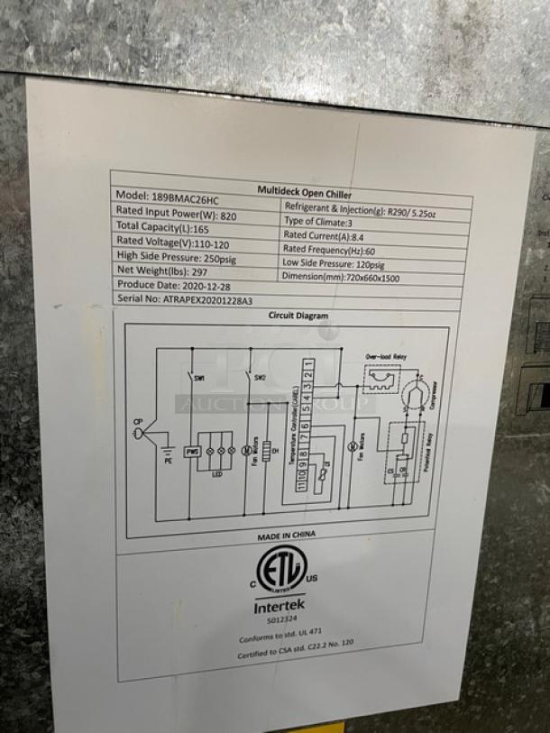 Avantco Commercial Refrigerated Merchandiser, Model 189BMAC26HC, with pull-down night curtain, on casters, serial: ATRAPEX20201228A3.