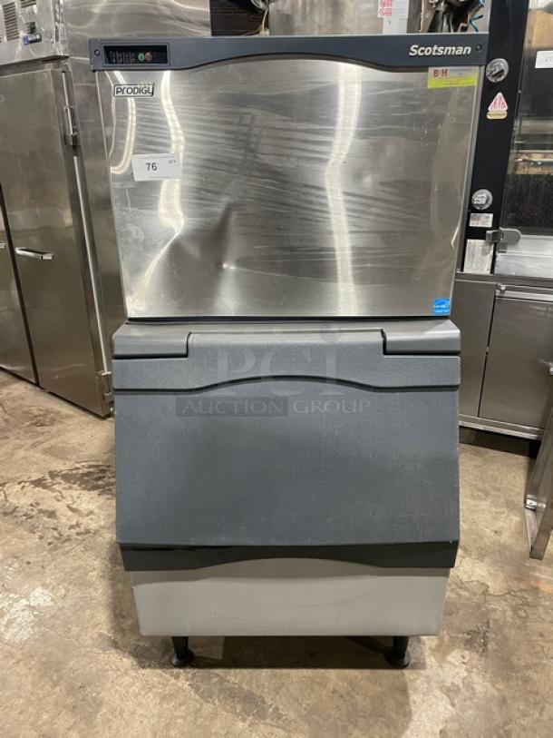 Scotsman Prodigy stainless steel ice machine, model C0330SA-1C/B330P, Energy Star certified, on legs, visible markings.