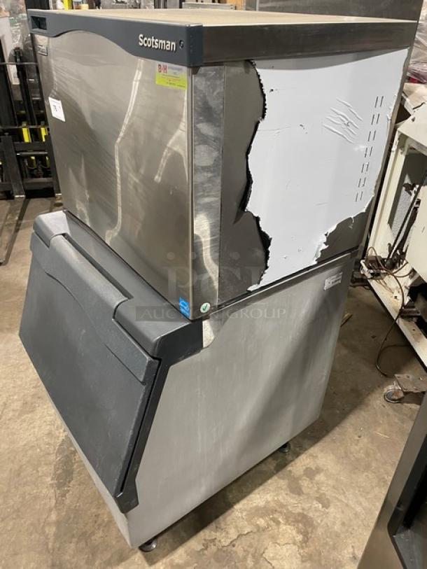 Scotsman Prodigy ice maker, model C0330SA-1C/B330P, stainless steel, air-cooled, 115V, on legs, some exterior wear.