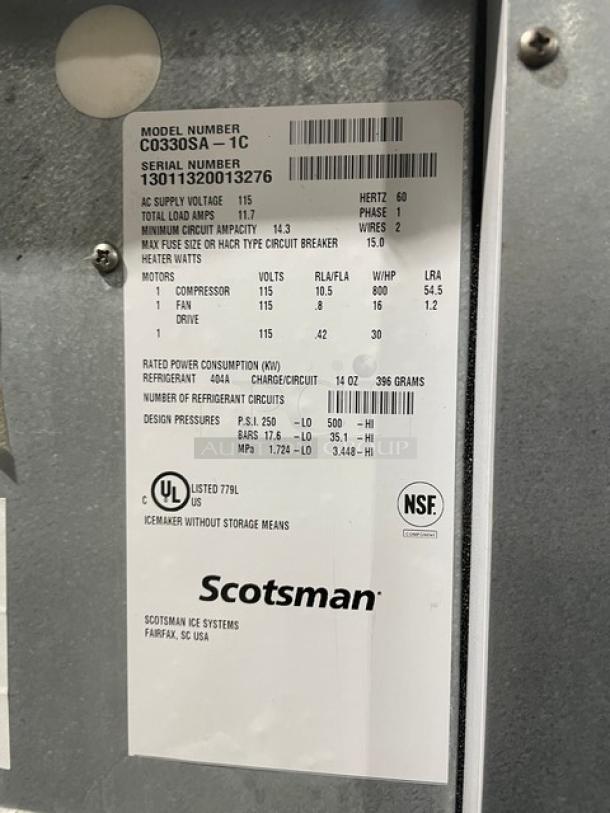 Scotsman Prodigy Series ice maker label, Model C0330SA-1C, SN 13011320013276, 115V, UL and NSF certified, Energy Star.