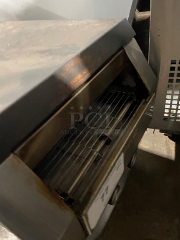 Hatco Toast-Qwik TQ20BA commercial stainless steel conveyor toaster, shows signs of use. Model TQ-20BA, 208V, 1 phase, on legs.