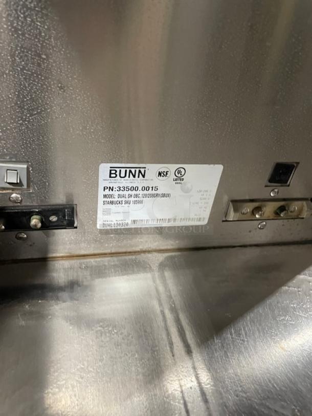 Bunn DUALSHDBC Stainless Steel Twin Coffee Brewer, digital control, with hot water dispenser, model DUAL SH DBC SN: DUAL130320.