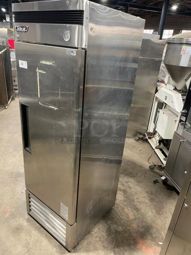 Turbo Air Deluxe Cooler Series TSR-23D, commercial stainless steel single door refrigerator, minor surface wear, 115V 1 Phase.