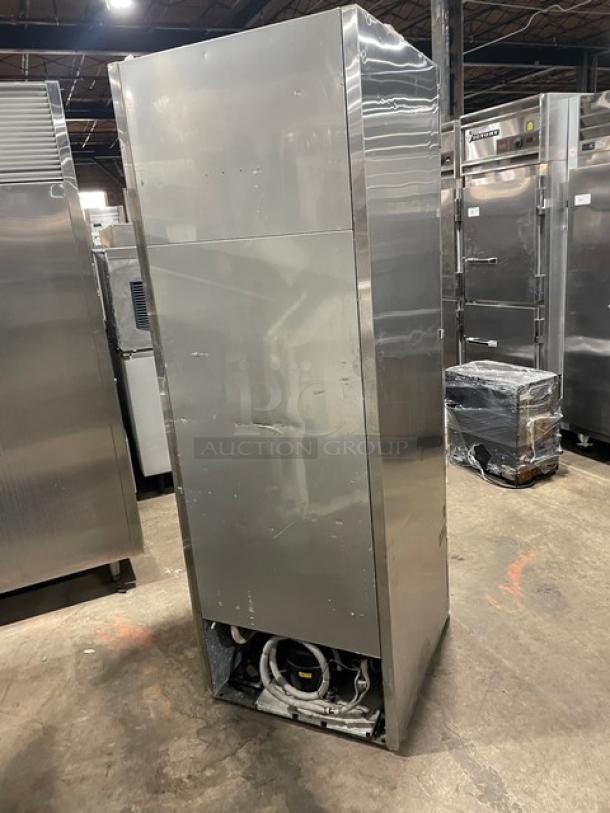 Turbo Air TSR-23D stainless steel single door refrigerator, commercial grade, visible interior components, model label shows RN01623104.