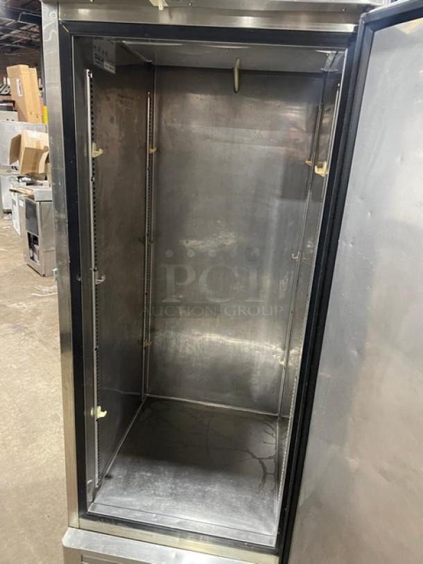 Turbo Air Deluxe Cooler Series stainless steel single door refrigerator, model TSR-23D, SN: RN01623104, 115V 1 Phase, interior view.