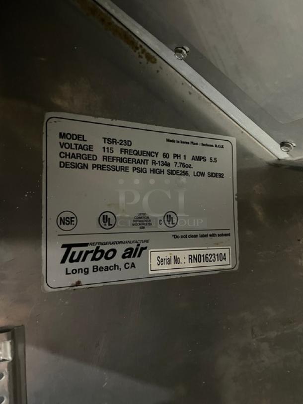 Turbo Air TSR-23D commercial fridge label, model details, 115V, 1 Phase, serial RN01623104, NSF, UL marks visible.