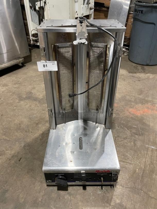 Star Max Series VBG30 vertical gyro broiler, stainless steel, natural gas, 120V, with legs, good condition. Model: VBG30 SN: VBG300116A0007.
