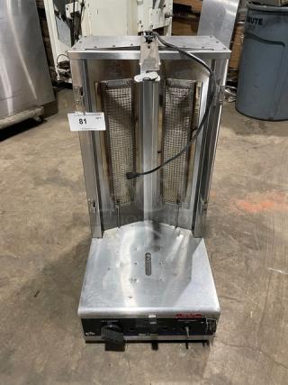 Star Max Series VBG30 vertical gyro broiler, stainless steel, natural gas, 120V, with legs, good condition. Model: VBG30 SN: VBG300116A0007.
