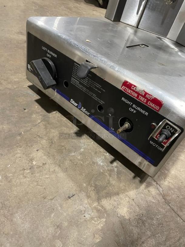 Star Max Series stainless steel vertical gyro broiler, model VBG30, natural gas, 120V, on legs, controls visible.