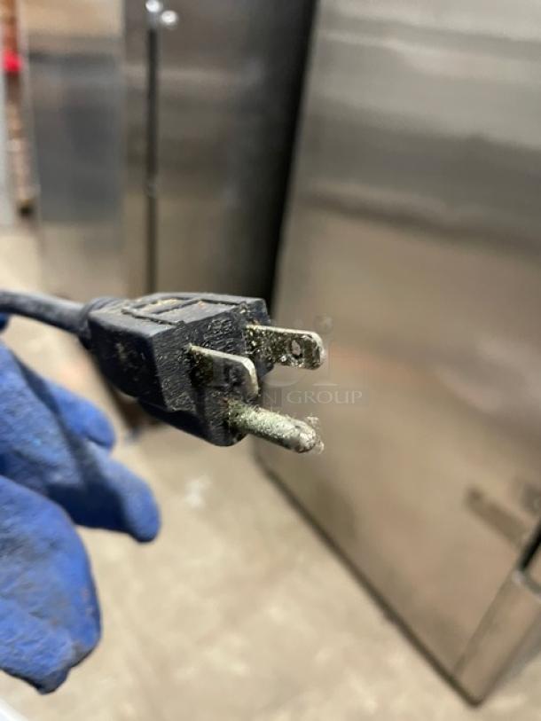 Star Max VBG30 Commercial Gyro Broiler, stainless steel, natural gas, 120V, 1 phase, on legs, power plug visible.