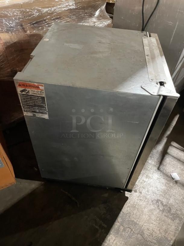 Sub-Zero 424 commercial stainless steel wine cooler; single glass door, dual zone, single section. Model 424, 115V 1 Phase.