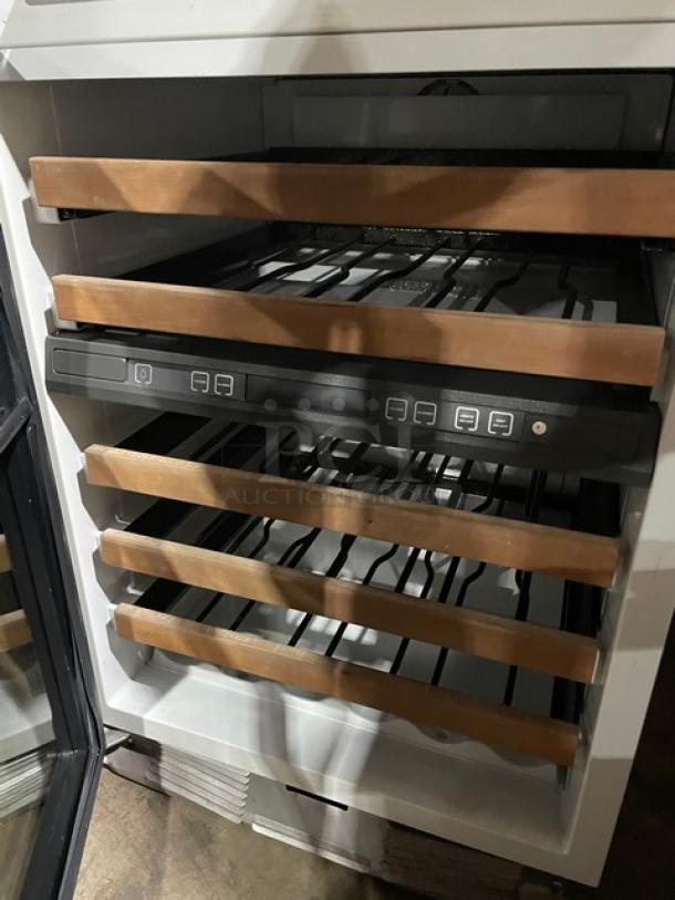 Sub-Zero Model 424 wine cooler, stainless steel, single glass door, dual zone, wood shelves, excellent condition.