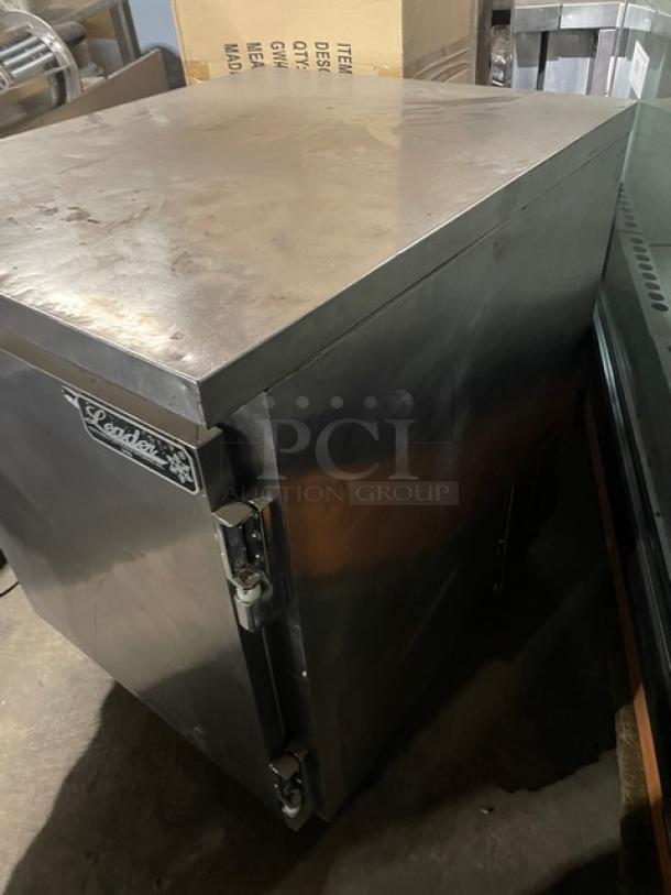 Leader stainless steel undercounter refrigerator, Model NSFB27SC, single door, poly coated wire rack, on legs, 115V, 1 phase.