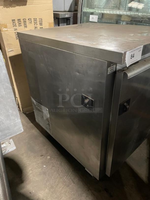 Leader NSFB27SC stainless steel undercounter refrigerator with poly coated wire rack, model NSFB 27 S/C, on legs, used condition.