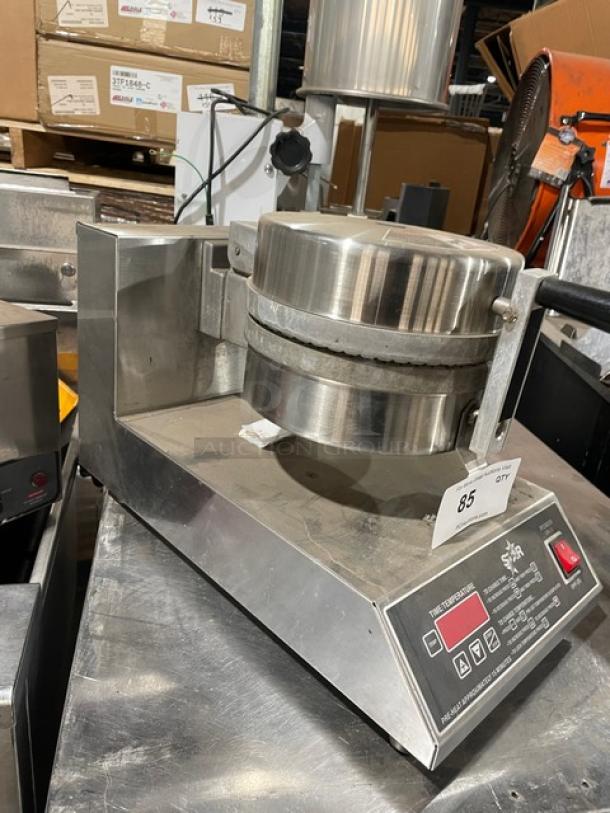 Star SWCBE stainless steel electric waffle cone baker, lightly used, model SN: WCB09758, 240V, durable commercial-grade.
