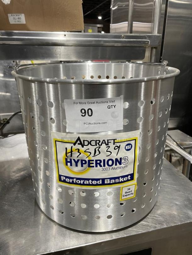 NEW Adcraft Hyperion3 Series Aluminum 39 Qt. Perforated Steamer Basket, Model H3SB39, visible labels and markings.