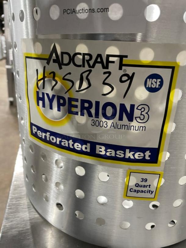 Adcraft Hyperion3 Aluminum Steamer Basket, Model H3SB39, 39 Qt, new condition. Perforated for steaming, NSF certified.