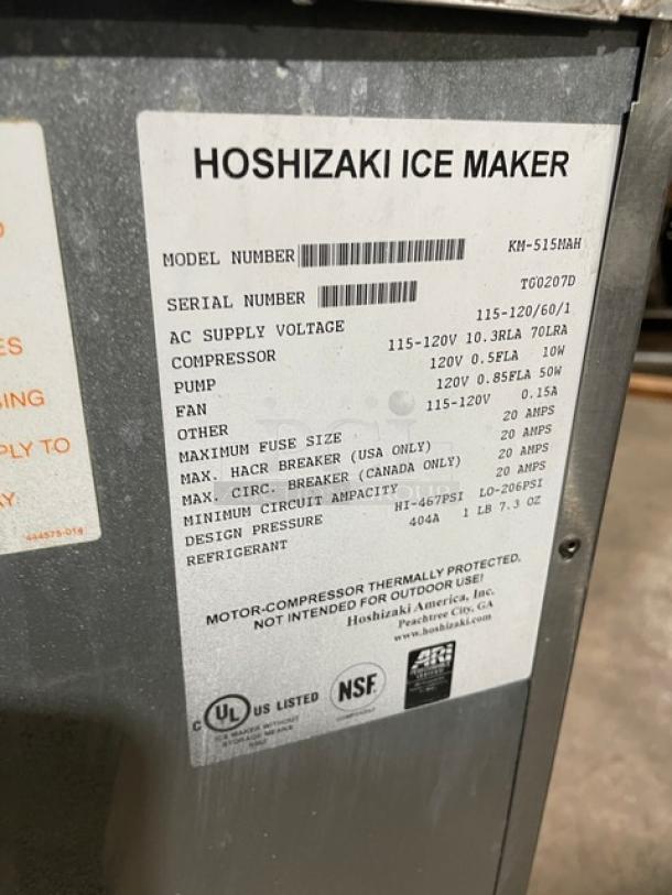 Hoshizaki KM-515MAH ice maker label, model KM515MAH, SN T00207D, 115-120V 1 Phase. Stainless steel, crescent-cube style.